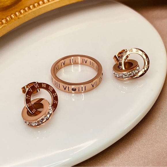 18K Rose Gold Titanium Steel Roman Numerals Circle CZ Stud Earrings - Picture 6 of 6